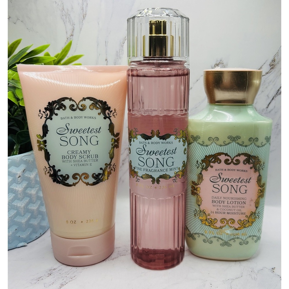 Bath & Body Works Sweetest Song 3 Pc Set Mist Lotion Body Scrub‎ New